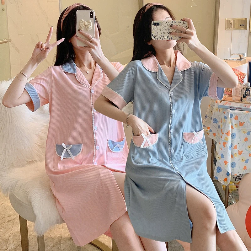 

2021 Summer Short Sleeve Cotton Nightgown for Women Fashion Korean Loose Sleepwear Femme Home Dress Night Gown Nightdress Nighty