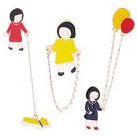 cute girls walking the dog jumpping rope balloon chain brooches enamel pin cartoon child brooch lapel pin badge luxury art gift