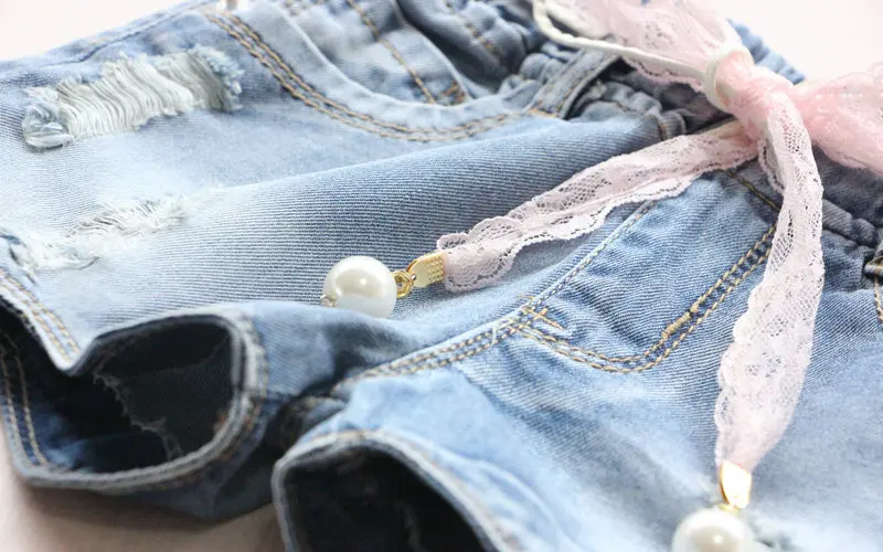 Летние шорты для маленьких девочек джинсовые штаны однотонные ленты одежда