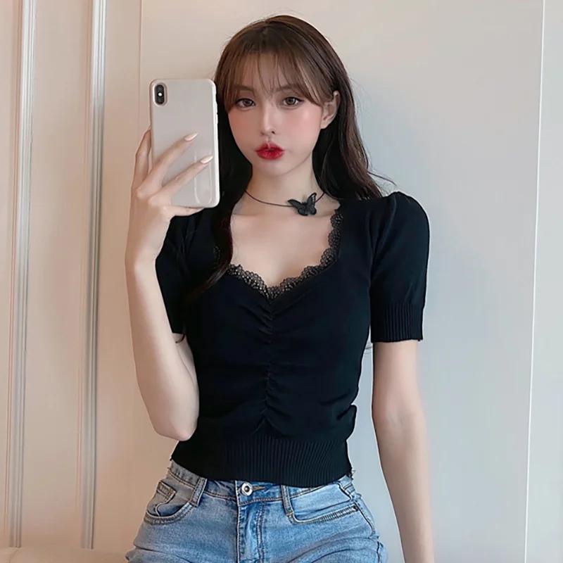 Кружевные короткие футболки с пышными рукавами для девочек трикотажные