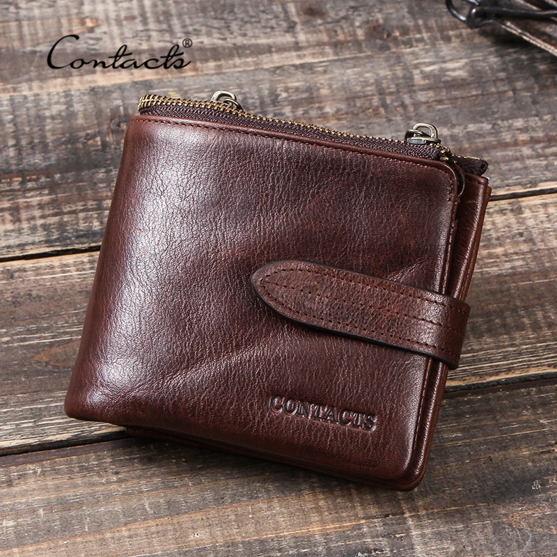 

CONTACT'S RFID Crazy Horse Cow Leather Wallet Men Portomonee Card Holder Coin Purse Zipper Small Male Money Bag Brand Wallets