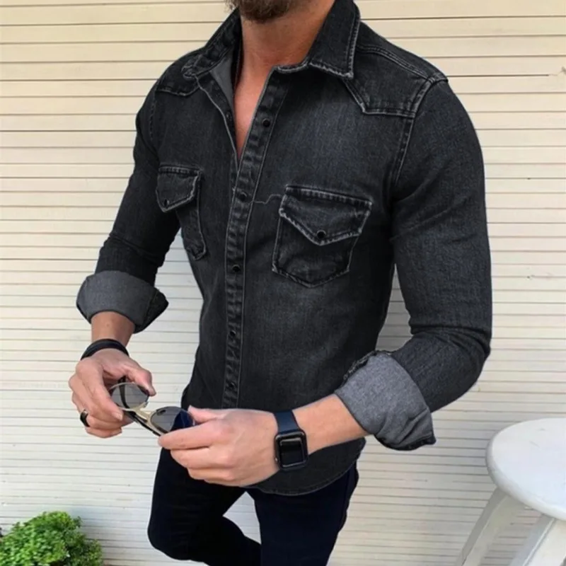 

2020 denim shirt men's wash double pocket Lapel Long Sleeve Shirt Men's coat