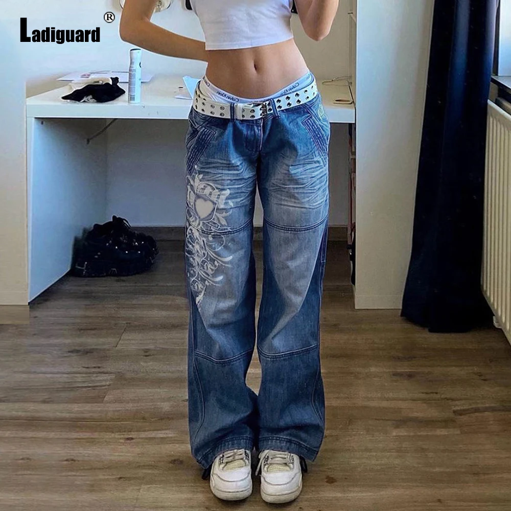 Women Gothic Printed Denim Pants Girls Streetwear Sexy Fashion Straight Leg Jeans Trouser Splice Loose Demin Pants Harajuku 2022