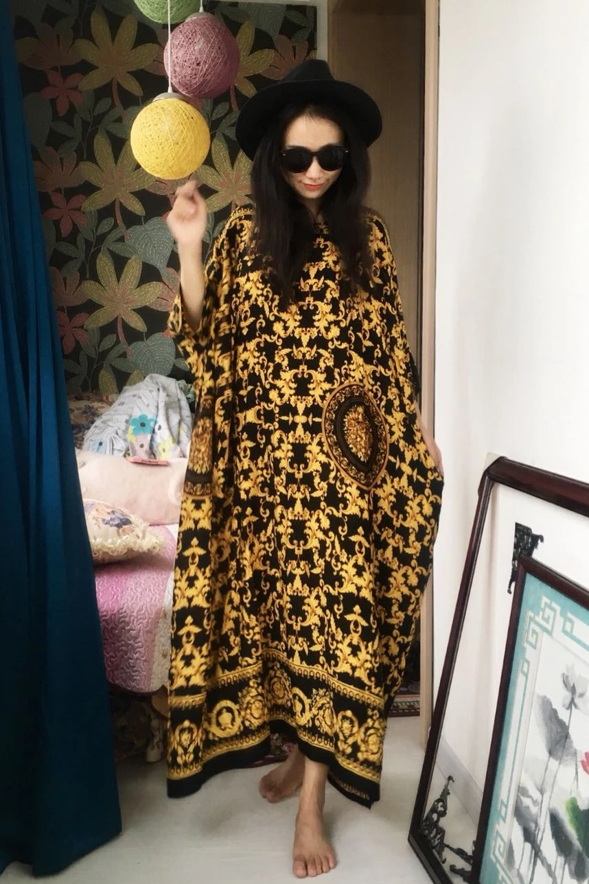 

Vintage Floral Printed Bohemian 2020 Plus Size Loose O Neck Dresses Dubai Beach Travel Batwing Sleeve Ankle-Length Women Dress