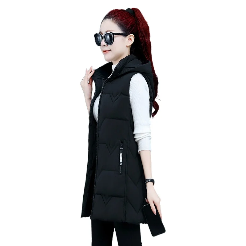 

2021 Autumn Slim Thicken Stand Collar Waistcoat Women Mid-length Winter Hooded Cotton Padded Vest Warm Sleeveless Female Jacket