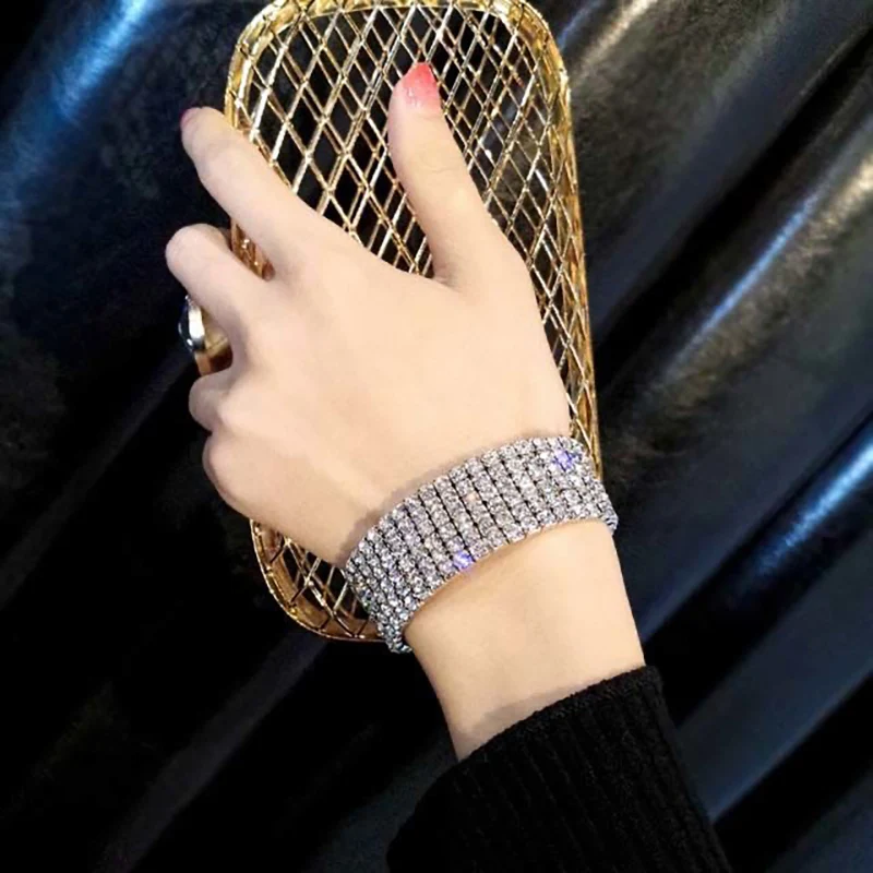 

5 Styles Multi-row Full Crystal Rhinestone Elastic Bracelet Bangle Bling Wristband Women Wedding Bridal Jewelry Female Bracelets