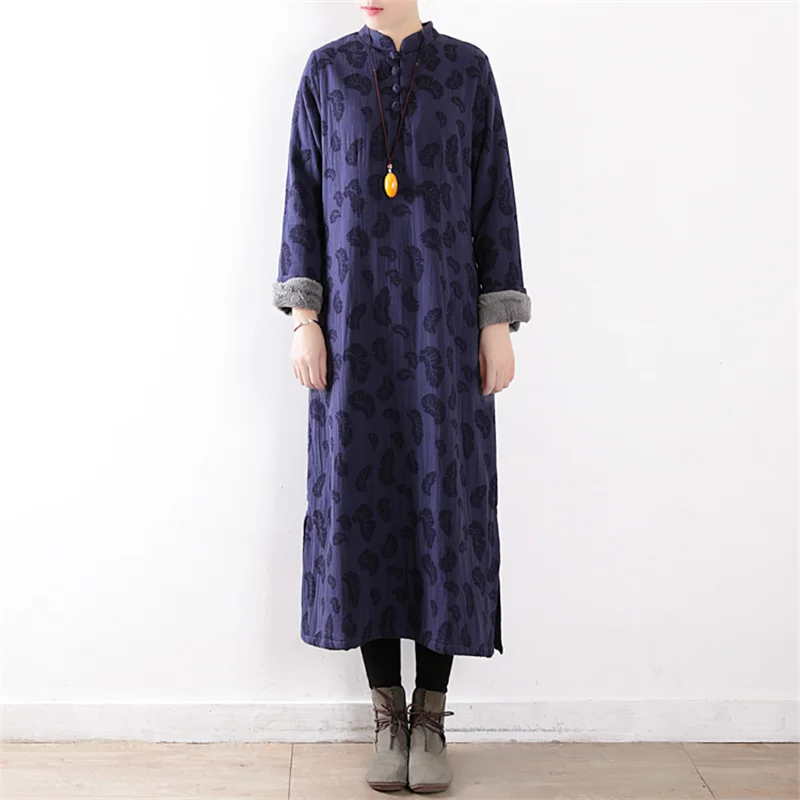 Женские хлопковые льняные платья Johnature теплые винтажные в китайском стиле на