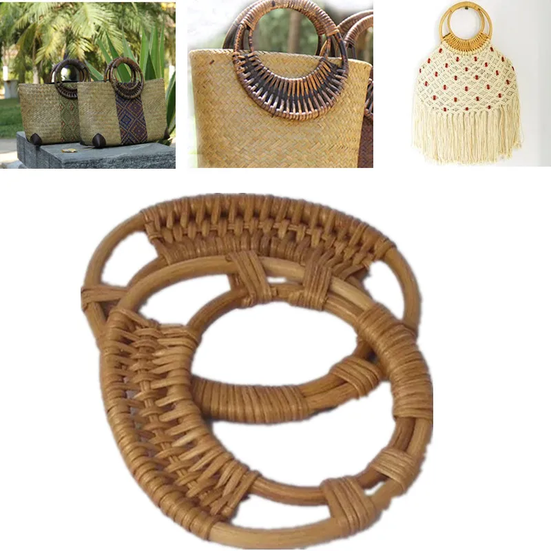 

Round Rattan Bag Handl 2021 Purse Handle Bag Handle DIY Bag Hanger Wooden Bamboo Strap Cane Straw Bag Handle Knitted Bag Part