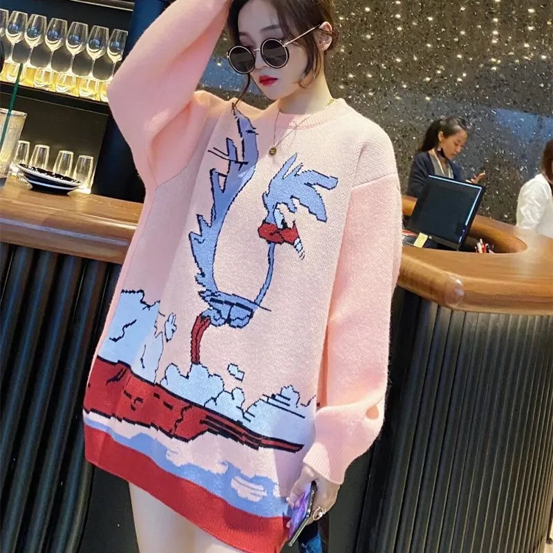 

Autumn and Winter New Loose-fitting Sweater Women's Mid-length Round Neck Pullover Sweater Super Hot Lazy Style