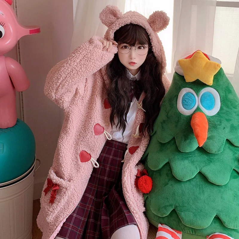 Japanese Winter Sweet Women Coat Soft Girl Kawaii Bear Ear Hooded Cute Horn Button Bow Lambswool Pink Lolita Woolen Outerweat