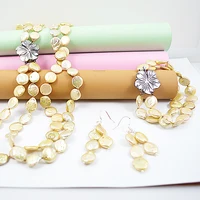 Terisa Pearl Jewelry Set Top Quality 2 Rows Champagne Coin Freshwater Pearls Necklace Bracelet Earrings Shell Flower Clasp