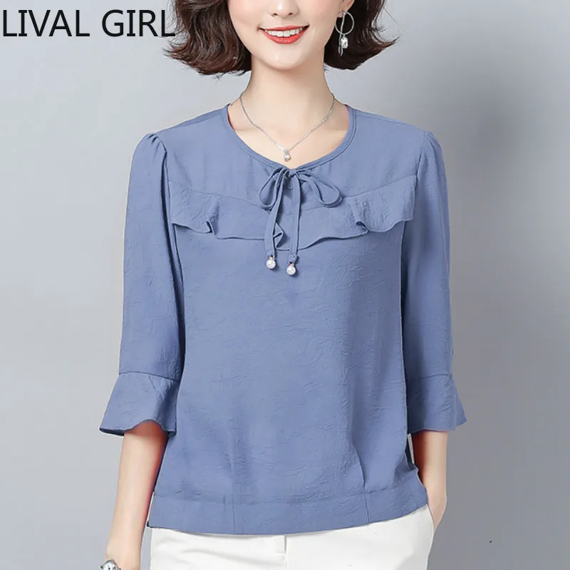 Новые летние женские блузки с рюшами и рукавом до локтя модная шифоновая рубашка