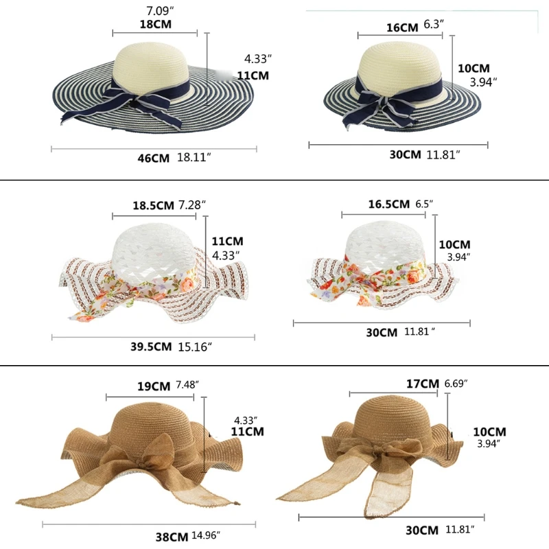 

50LE Ladies Panama Straw Wide Brim Hat Womens Girls Beach Sun Hats Kids Summer Straw Hat For Seaside Holiday