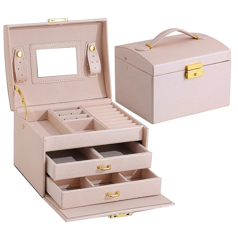 Fashion Jewelry Storage Box Large Capacity Portable Lock With Mirror Jewelry Storage Box Earrings Necklace Ring Jewelry Display