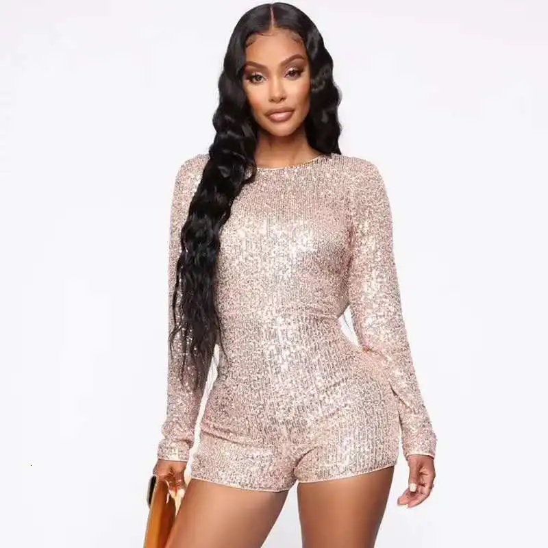 New women Hoodie round neck jumpsuit  sequined long sleeve glitter party elegant overalls short jumpsuit