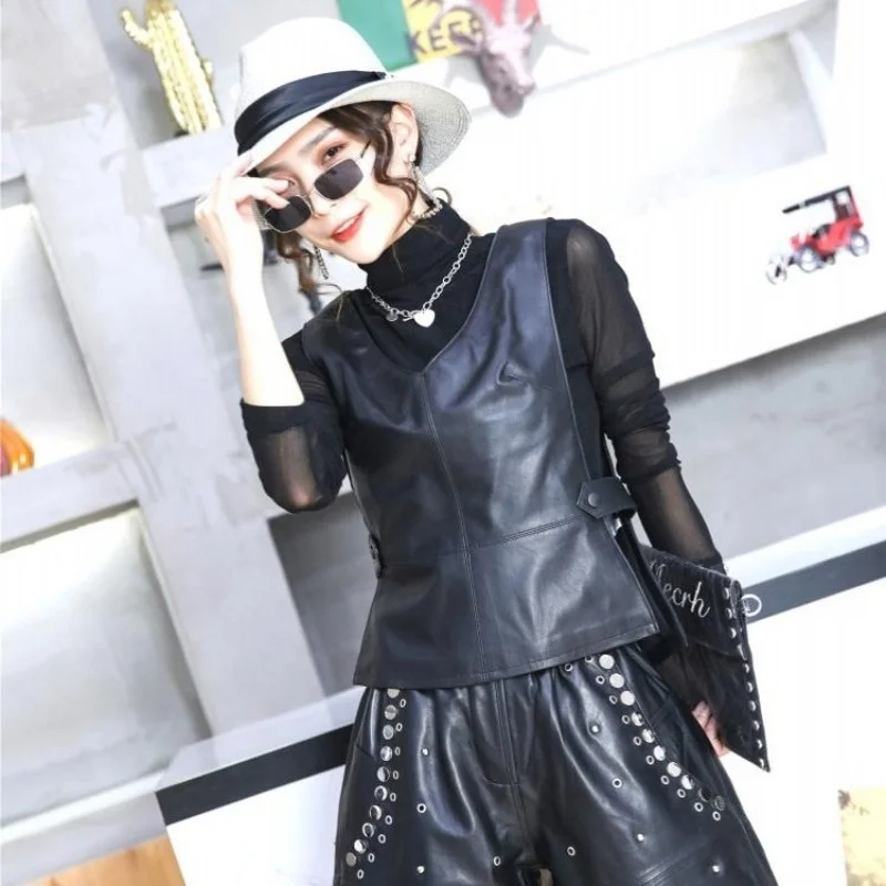 

Casual, sleeveless female sweater lambskin, women's leather vest with low-cut