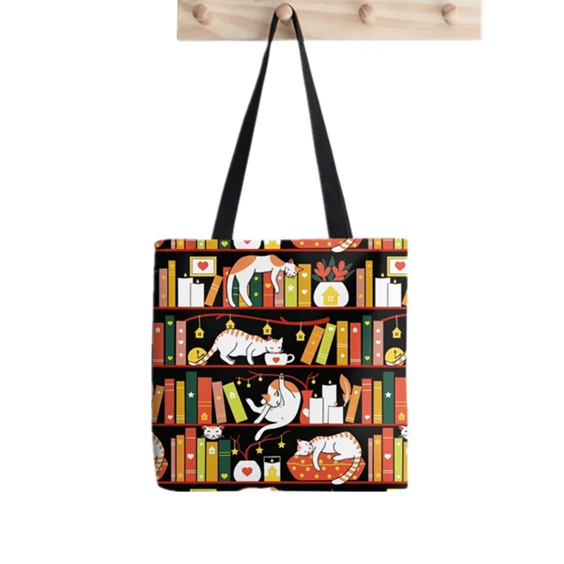 

Женская Осенняя холщовая сумка-шоппер с изображением библиотеки кота в стиле Харадзюку, женская сумка-шоппер