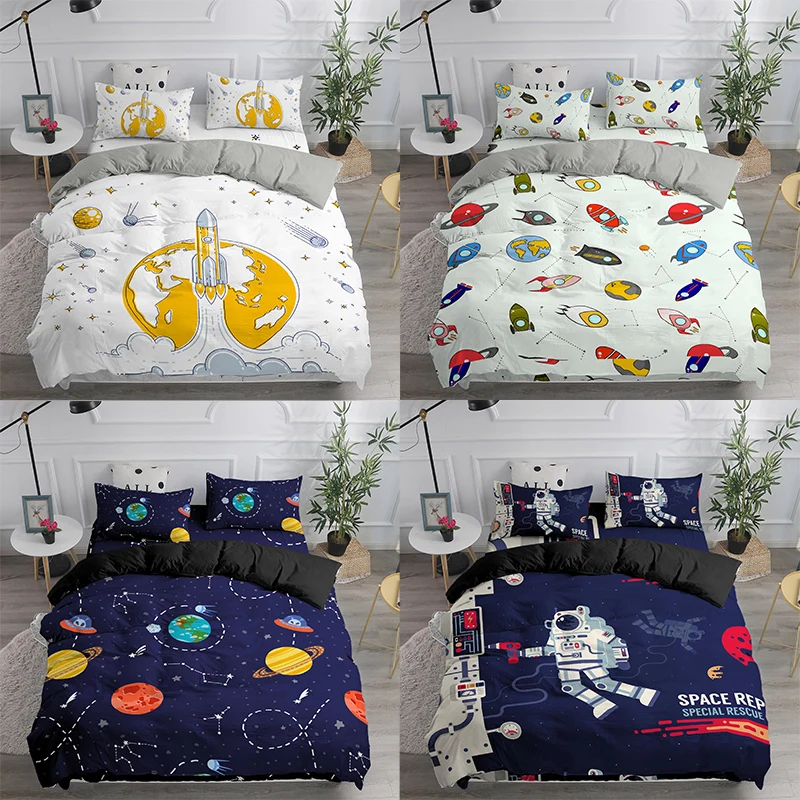 

Galaxy Outer Space Planet Cartoon Cute Printed Bedding Set Duvet Cover Kids Shuttle Bedclothes Astronaut Twin King Queen Size