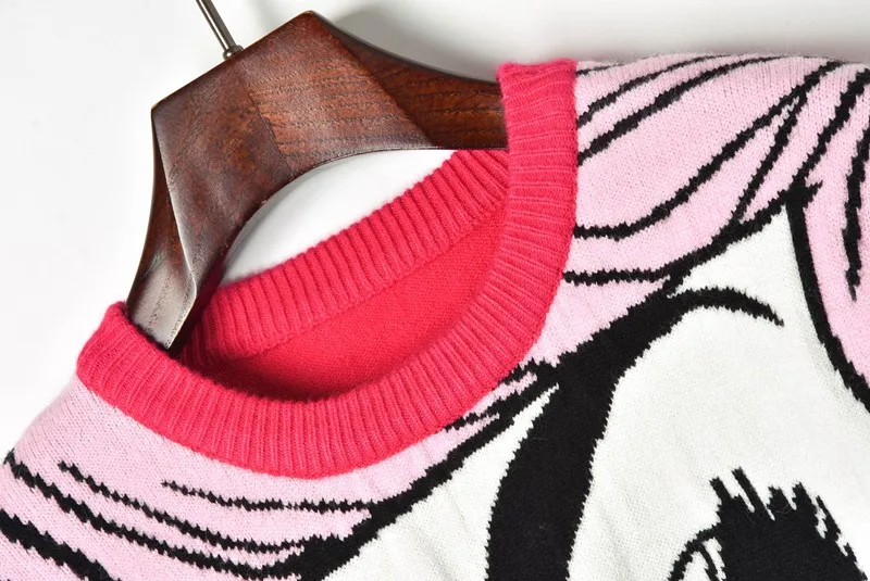 2019 Spring Oversized Sweaters Fashion Hit Color Abstract Beauty Avatar Pattern Jacquard Loose Long New Women Pullovers | Женская одежда