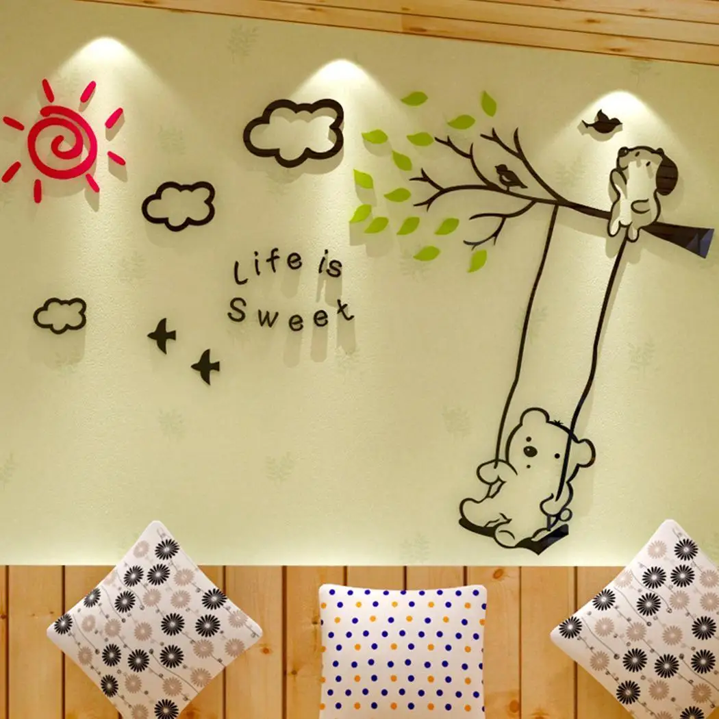 3D Wall Stickers Kids Children Bedroom Decor Bear Sun Clouds Dog Tree Birds Swing Plane Cute Home | Обустройство дома