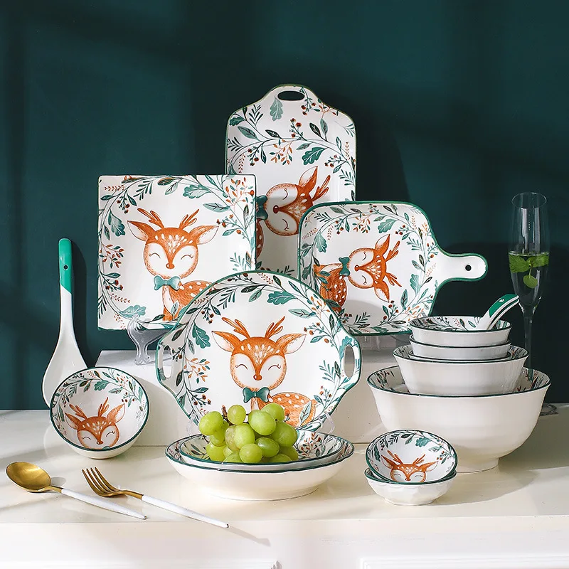 

Мультяшный керамический детский набор тарелок столовая пища олень Ресторан скандинавские тарелки обеденная сервировочная посуда домашня...