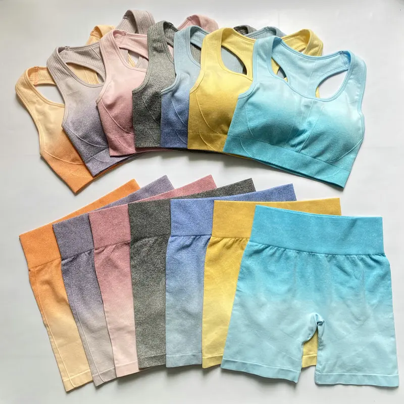 

Комплект для йоги Ombre из 2 предметов, Бесшовные Спортивные шорты и спортивный бюстгальтер, кроп-топ, женская одежда для бега, тренажерного за...