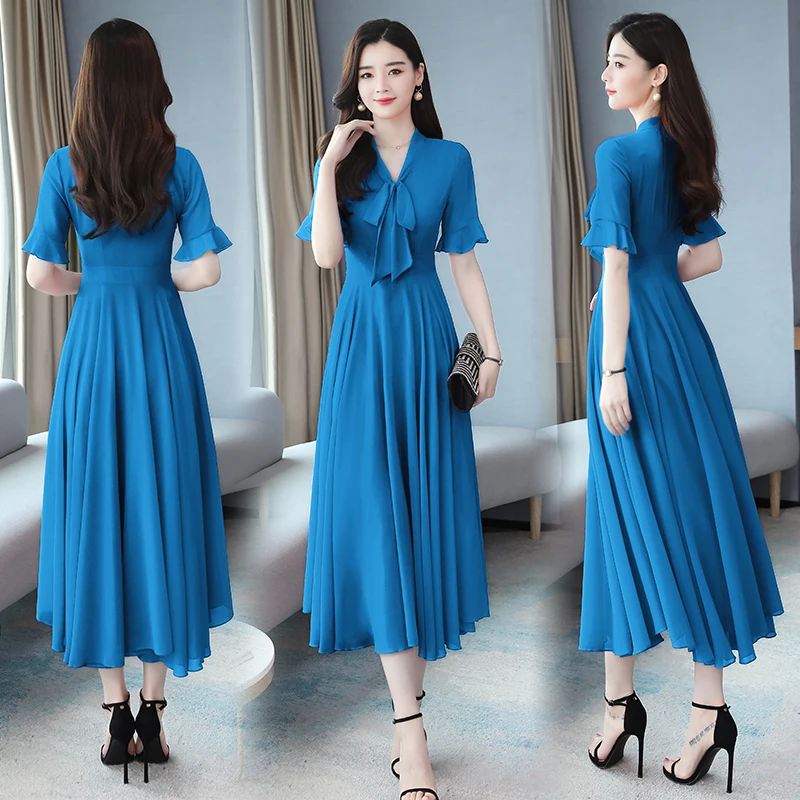 

Plus Size V-neck Chiffon Solid Casual Temperament Party Popular Fashion Office Dress Short Sleeves Summer Women Female New 2020