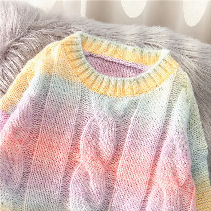 

Spring Women Rainbow Sweaters Tie Dye O-Neck Pullover Long Loose Striped Korean Jumpers Candy Color Oversized Female Tops