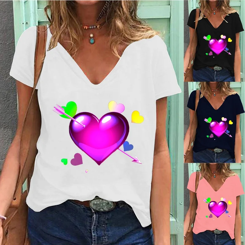 

Women's Deep V-Neck Short Sleeve Heart Printed Tops Loose T-Shirt Casual Solid Color Blouse S-5XL