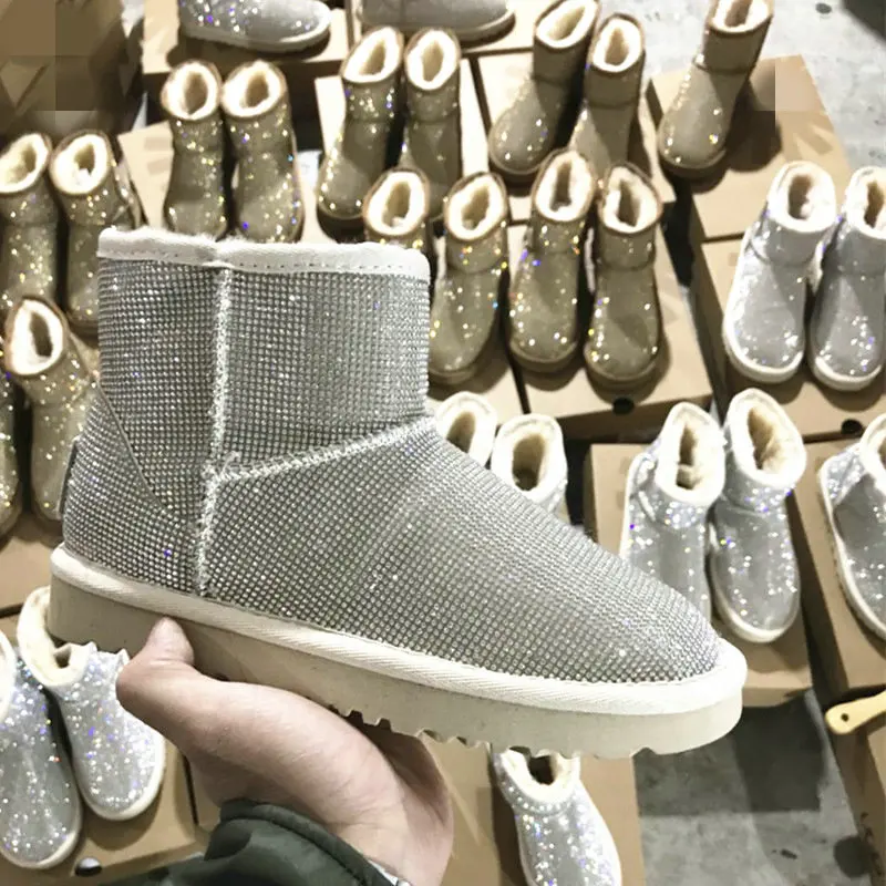 2019 Стразы зимние сапоги женская обувь теплые с натуральной шерстью Меховые