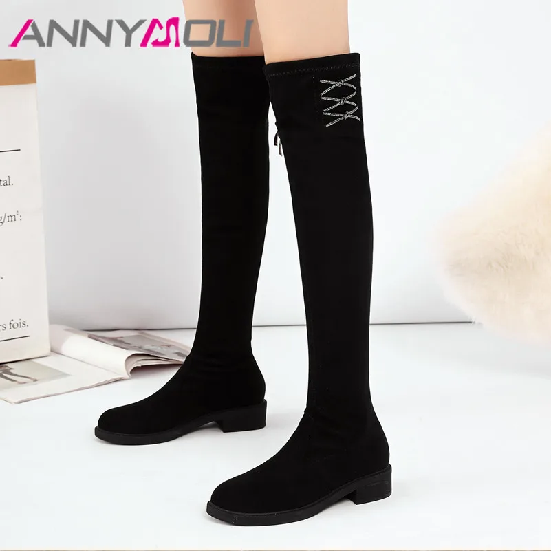 

Ботфорты ANNYMOLI женские на среднем каблуке, облегающие длинные сапоги со шнуровкой, стрейчевая обувь, Осень-зима 40