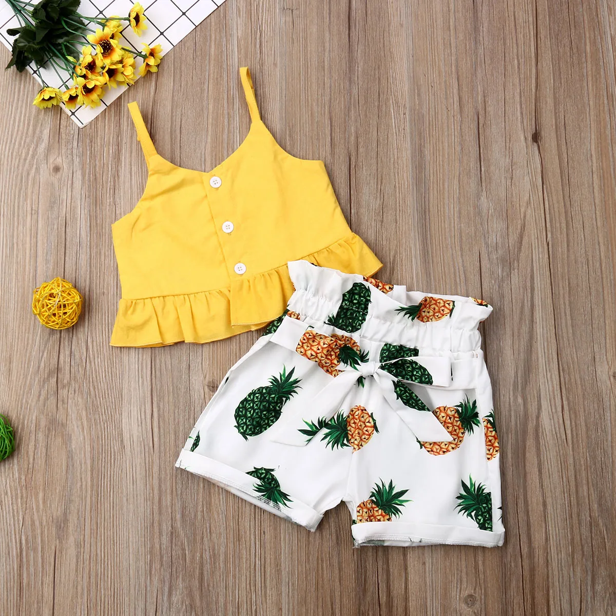

Summer New Clothes Sets Girls Ruffles Sleeveless Yellow Tops Kid T-Shirt Pineapple Baby Girl Short Pants Outfit Clothes