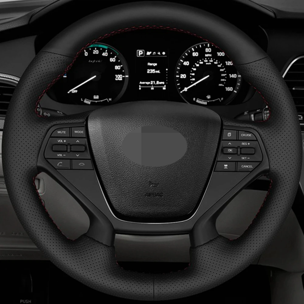 Фото Искусственная кожа для Hyundai Sonata 9, 2015, чехол рулевого колеса автомобиля, 2016 (4-спицевая), черная, сшитая вручную №3