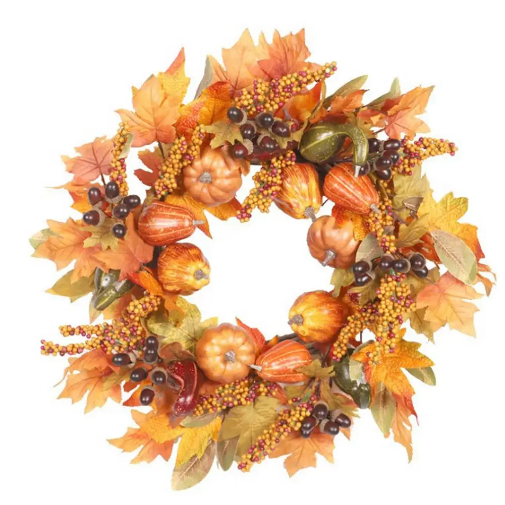 

Autumn Theme Door Wreath Artificial Pumpkin Berries Pine Cone Maple Handmade Thanksgiving Wall Decor Home Decoration Vine Ring