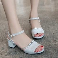 block heels sandals for women 2020 summer shoes medium heel sandals designer bling glitter wedding dress shoes bridal silver