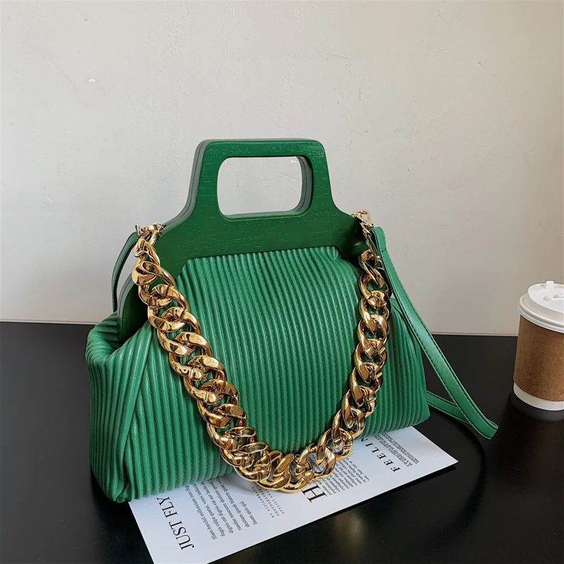 

Thick Chain Small PU Leather Shoulder Crossbody Bags With Short Wooden Handle For Women 2022 Winter Luxury Simple Lady Handbags
