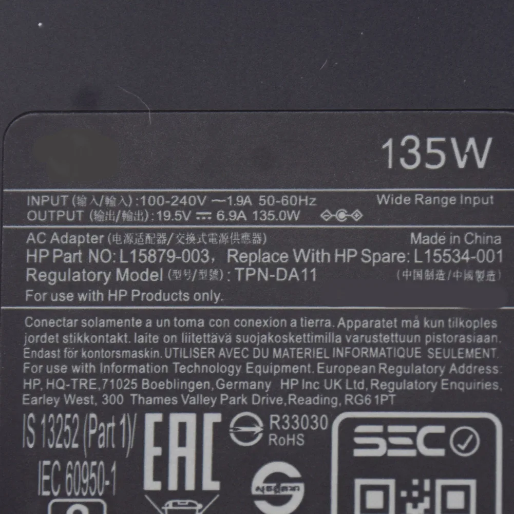 For HP 135W 19.5V 6.9A TPN-CA13 AC Adapter Charger L15879-002 L15534-001