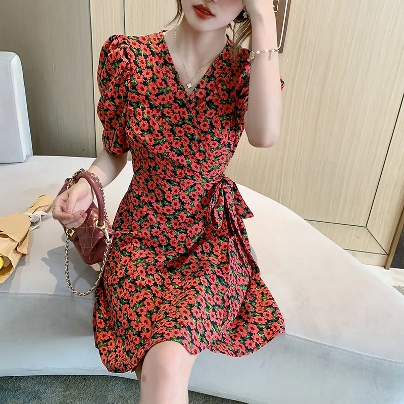 

French Vintage Elegant Dress Women Casual Sweet Floral A-line Mini Chiffon Dress Boho Chic Female Korean Style Party Dress