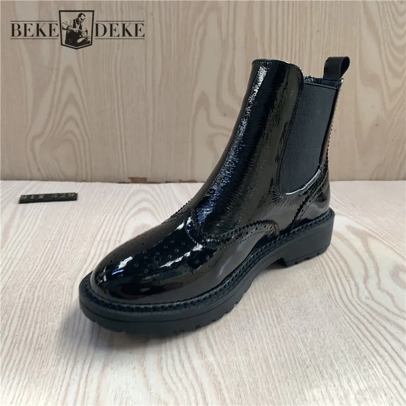 

Винтажные короткие ботинки из натуральной кожи с резным узором; Женские осенние модные ботинки «Челси» с круглым носком без застежки; Зимни...