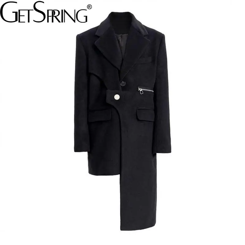 

Getspring Women Woolen Coat Asymmetry Black Long Wool Coats Jaket Irregular Warm Lining Vintage Winter Wool Overcoat 2021 New