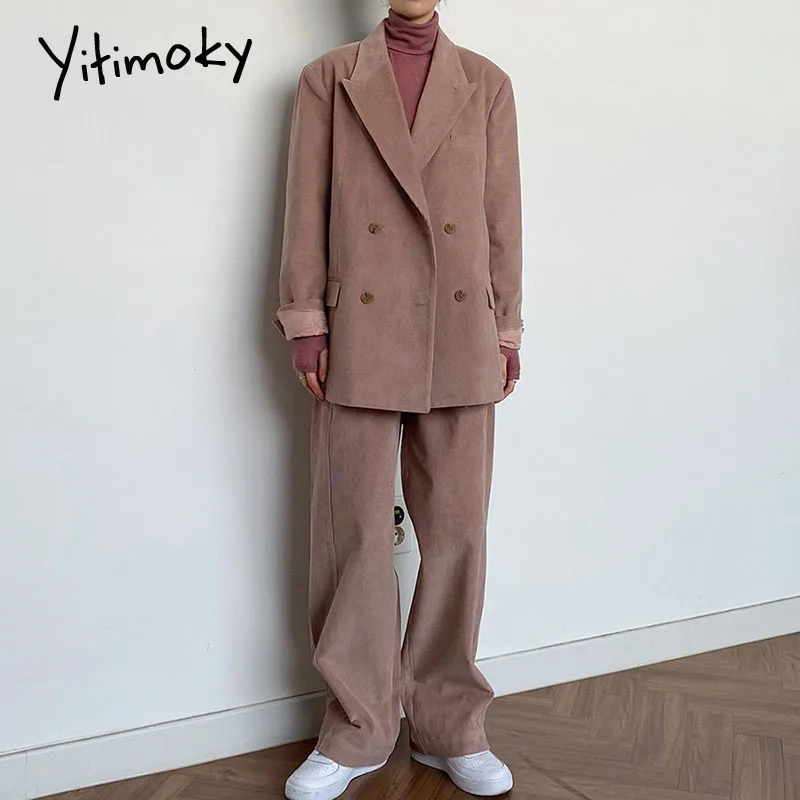 

Yitimoky Corduroy Suit Women 2 Piece Set Pant Blazer Business Office Lady O-Neck Double Breasted 2021 Spring Winter Fashion Pink