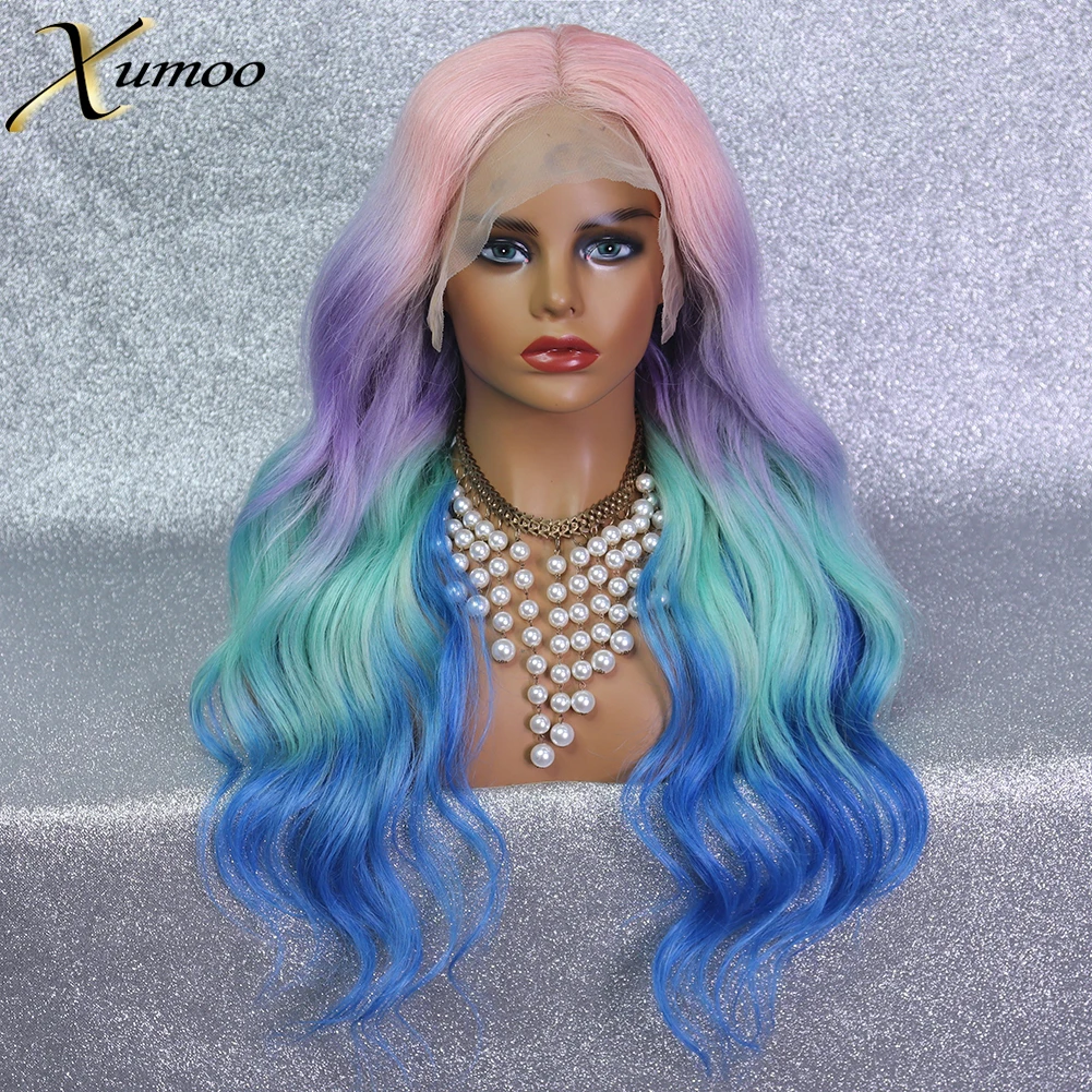 

XUMOO Cosplay Rainbow Wig Ombre Pink Purple Body Wave Transparent Lace Front Wig Cuticle Aligned Brazilian Virgin Human Hair