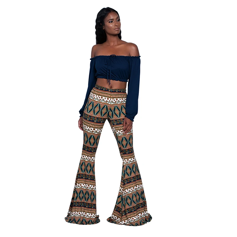 

Pant Legging American Women Wide Leg Clothing Bottom 2020 Flare Bell Waist Soft New Bohemian Mid Long Printed Style Legging Jean