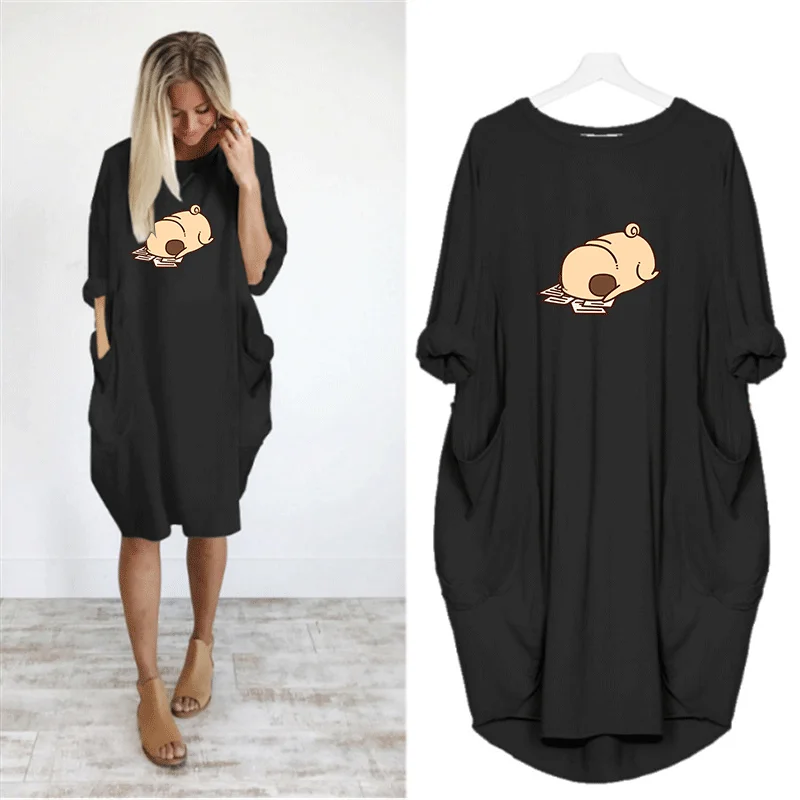 Платье Женское Милый Принт Кошка Собака Карман Кежуал Оверсайз Винтаж Короткое Осенние Девушки Одежда Кавай Женские Платья М-2020.