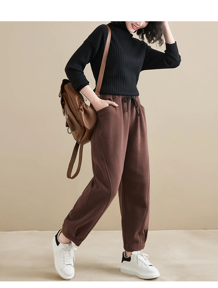 Winter New Trendy Warm Fleece Thick Oversize Loose Casual Trouser Women Solid Color Elastic Waist Versatile Premium Sweatpants