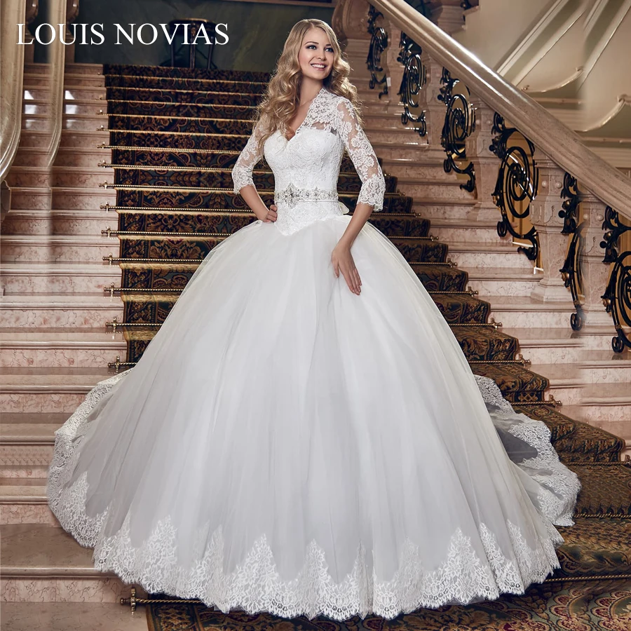 

LOUIS NOVIAS Lace Wedding Dress Romantic Sleeves High Quality and Elegant Beading Belt Dress Full Dress Dream Prince