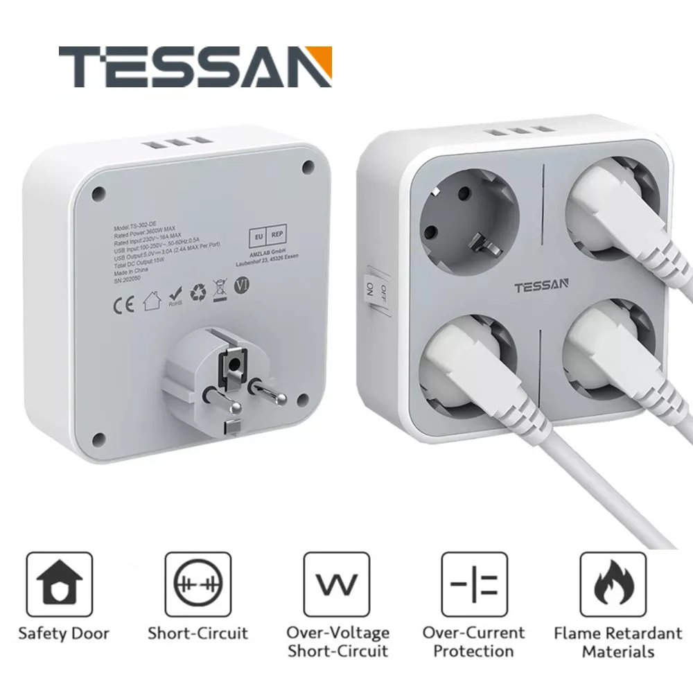 

TESSAN Multiple Sockets EU Plug Extension Power Strip 1 2 3 4 AC with 3 USB 5V/2.4A 3600W Wall Charger Adapter for Home Travel