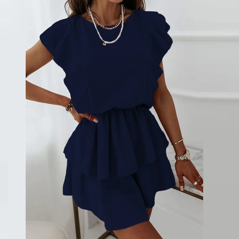 

2021 Summer Elegant O-Neck Ruffle Party Dress Women Casual Sleeveless Mini Dresses Office Lady Fashion Solid Color Vestido