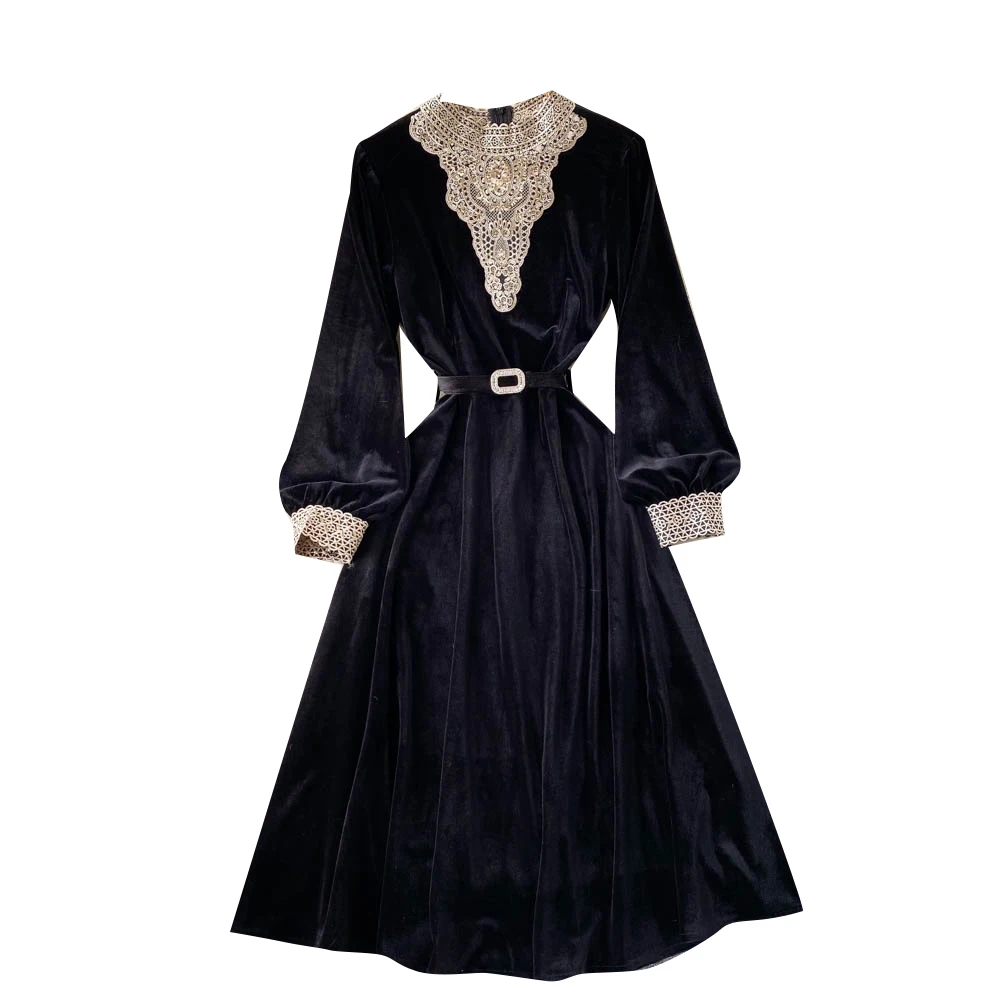Женское новое модное осенне-зимнее вечернее черное платье А-силуэта с длинными рукавами и круглым вырезом, обтянутое бархатом.