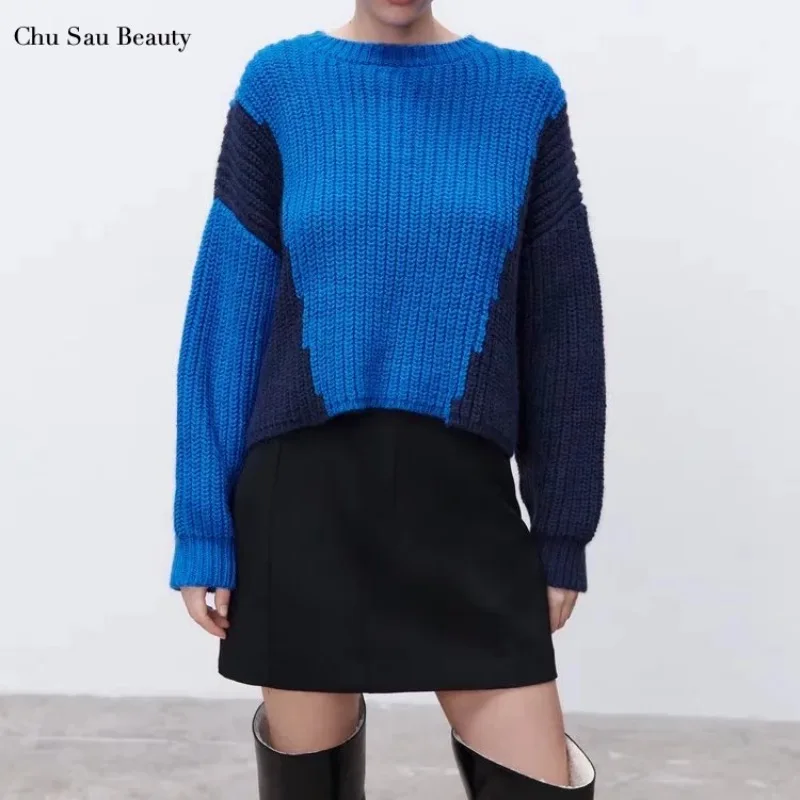 

New Women Autumn And Winter Fashion Contrast Color Short Sweater Comfortable Simple Round Neck Long Sleeve Stitching Sweater